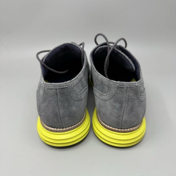 Cole Haan LunarGrand Wingtip Mens 9W Gray Suede with Volt Yellow Sole C28220